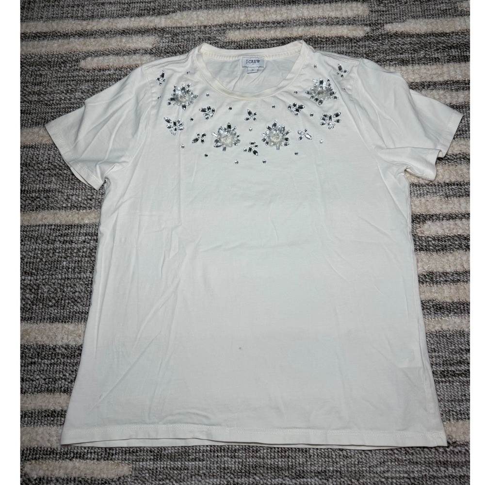 J.Crew Womens Cream Embellished Crystal Floral Neckline Cotton T-Shirt Small